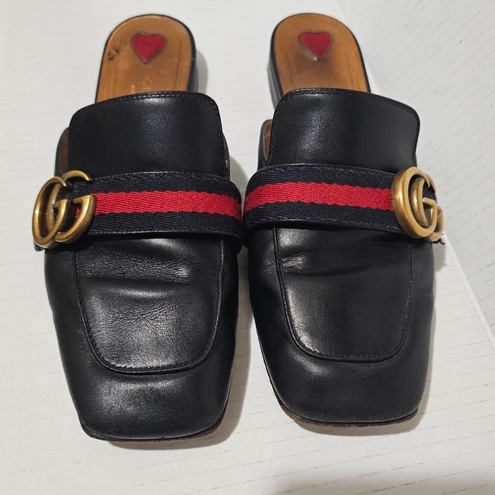 Gucci Black Leather Mules with Red and Gold Accents